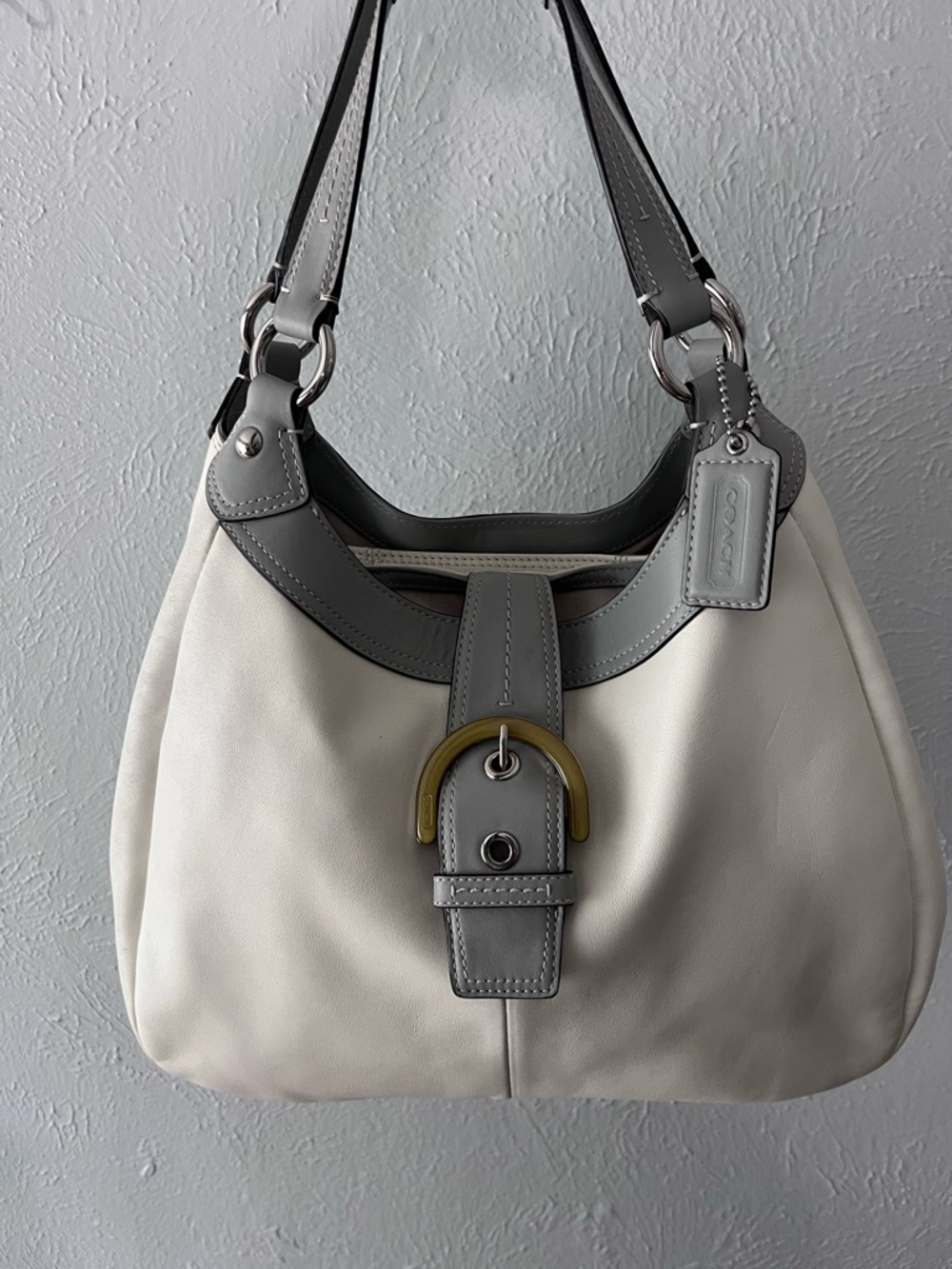 Coach Ivory and Gray Leather Shoulder Hobo with Olive Accent